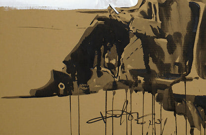 Acrylic painting Electric Train by Dima Filatov with bold black brown brushstrokes