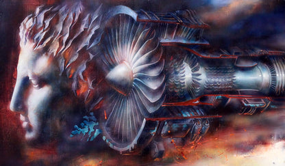 Surreal oil painting Turbine by Alexander Dobrodiy: human face in engine