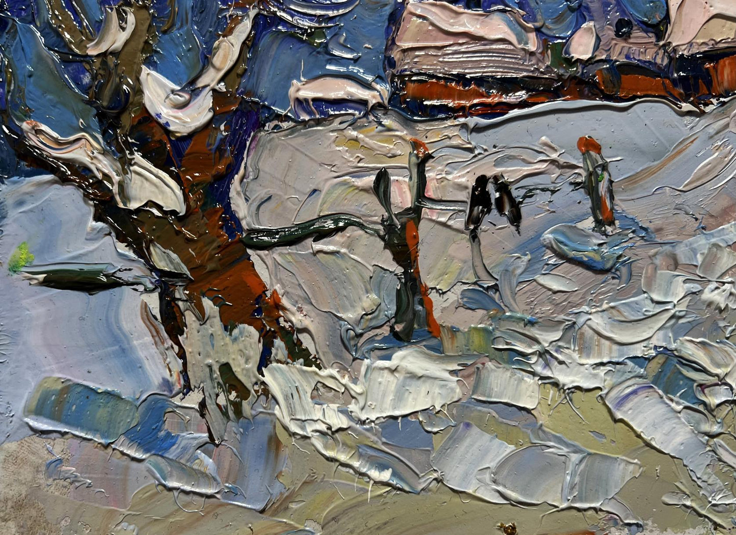 Oil painting of snowy village streets by Oksana Ivanyuk