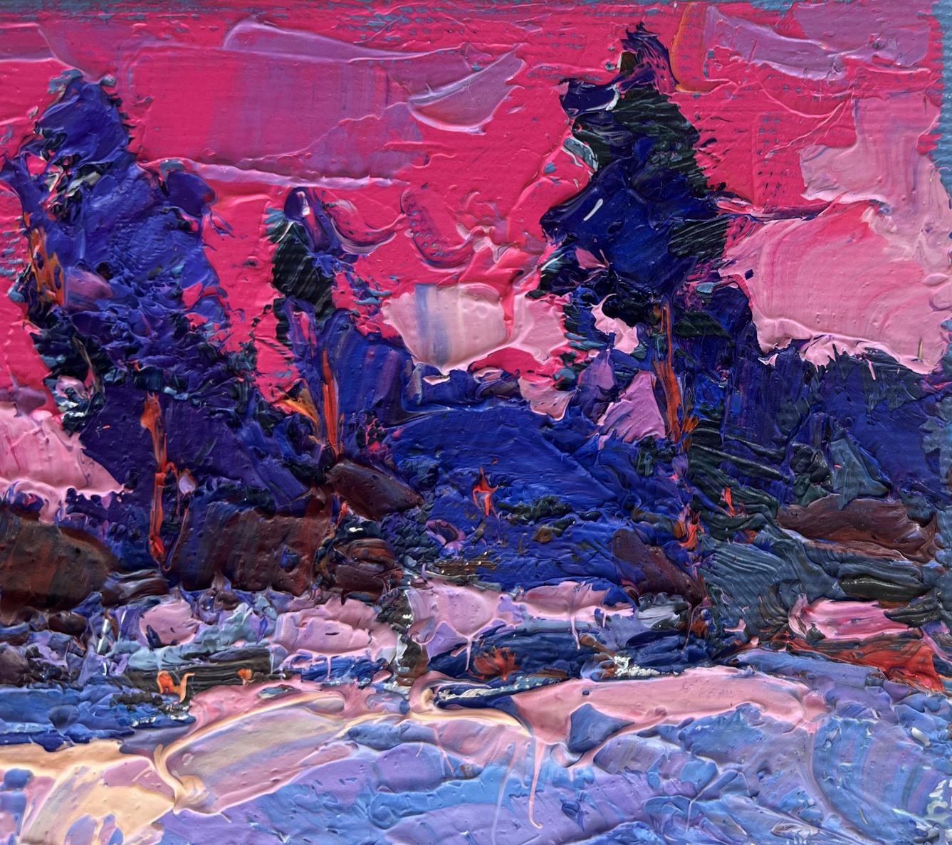 Vibrant Frosty winter evening oil painting by Oksana Ivanyuk with pink purple blue impasto