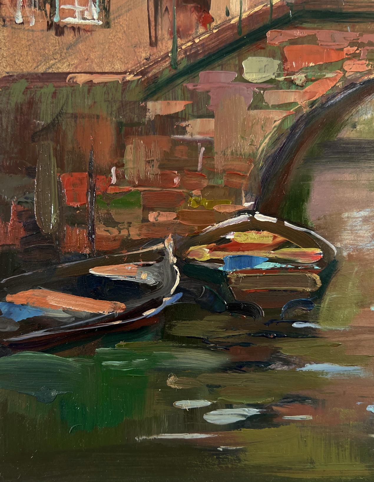 Textured oil painting of two gondolas in canal by Yuriy Suprunchuk