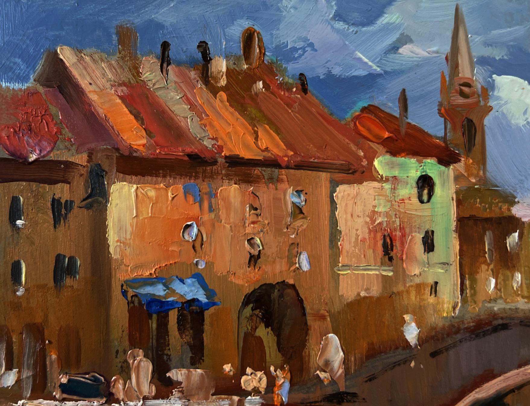 Vibrant impressionist oil painting of Yuriy Suprunchuk City Central Bridge