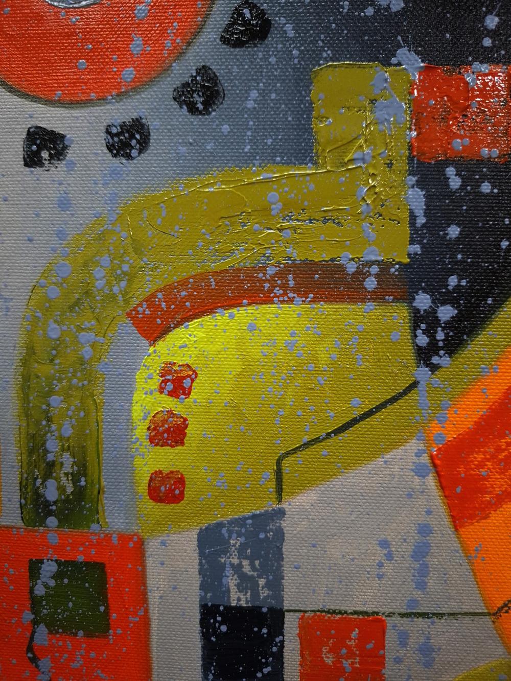Vibrant oil painting A walk around the city by Sergiy Voichenko with bold yellow orange black shapes blue splatters