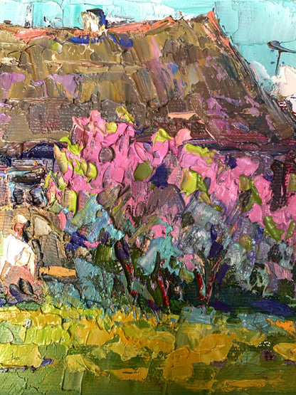 Oil painting Blooming garden by Oksana Ivanyuk: vibrant pink green florals on rustic roof