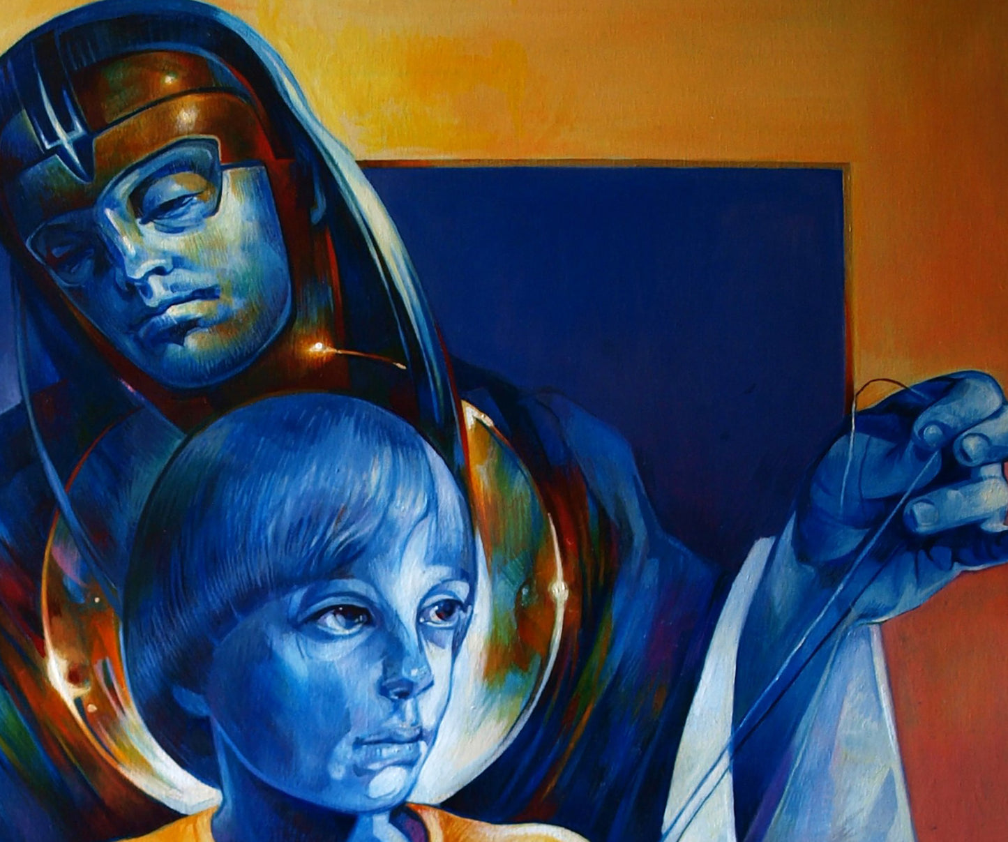 Oil painting Enjoying Father by Konsta G. Amelinn: hooded armored figure and child