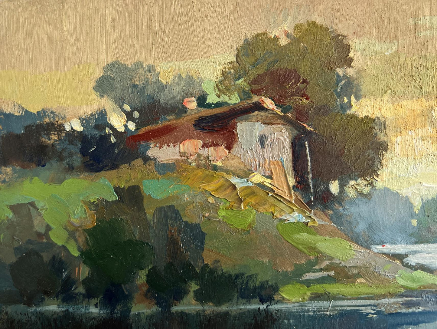 Oil painting of rustic hillside cottage by Yuriy Suprunchuk