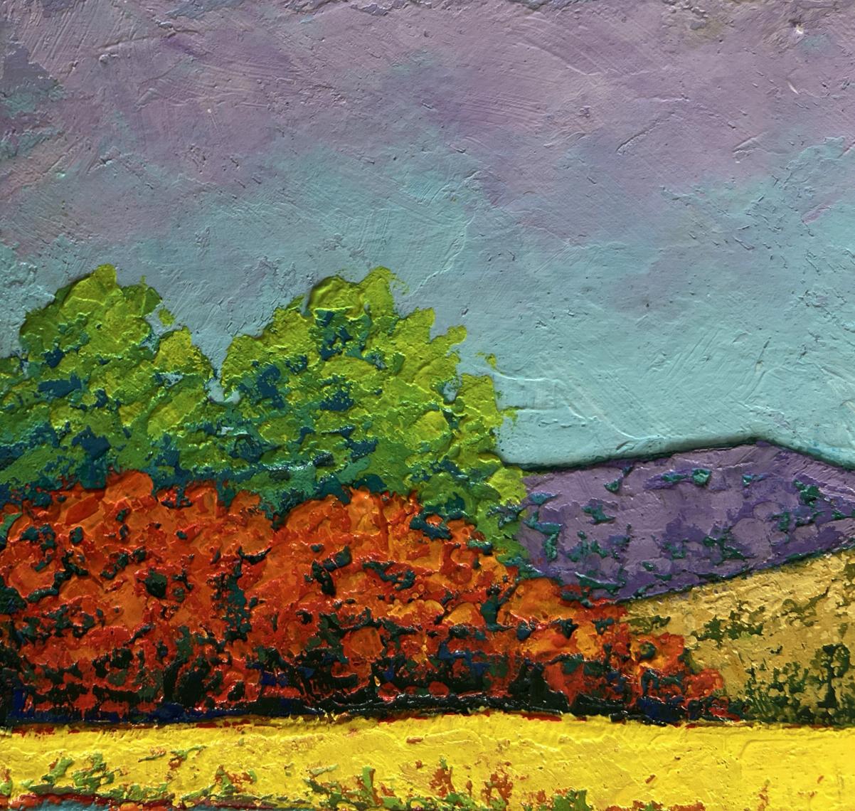 Oil painting Flower fields near the plains by V. Zadorozhnya, vibrant green trees
