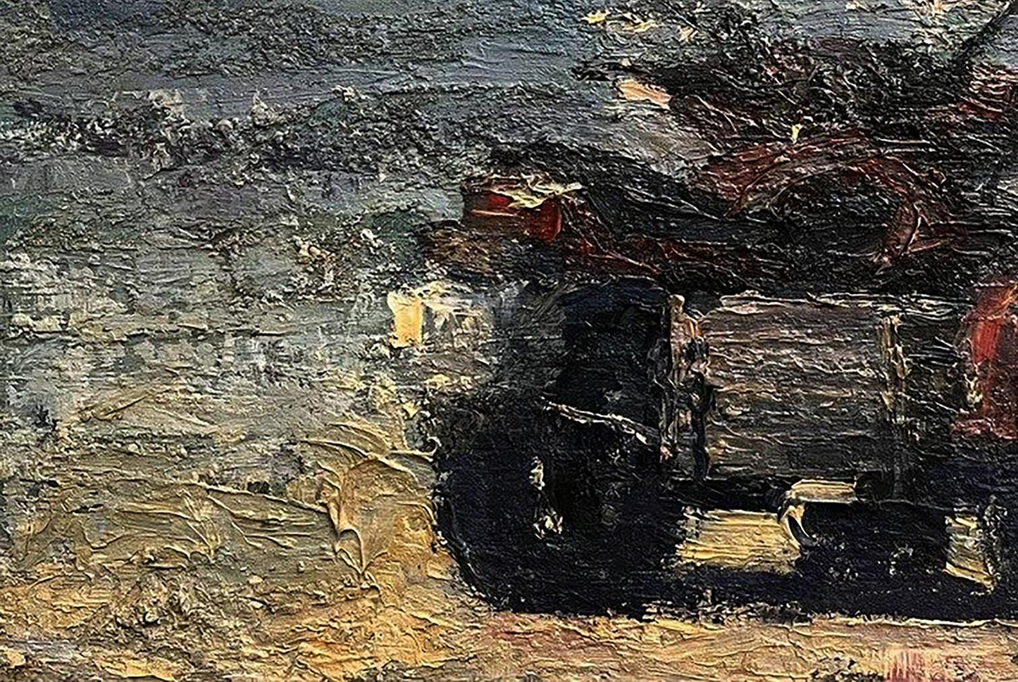 Oil painting of motorcycle on beach by Volodymyr Pashchenko