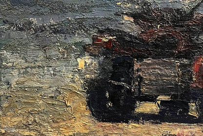 Oil painting of motorcycle on beach by Volodymyr Pashchenko