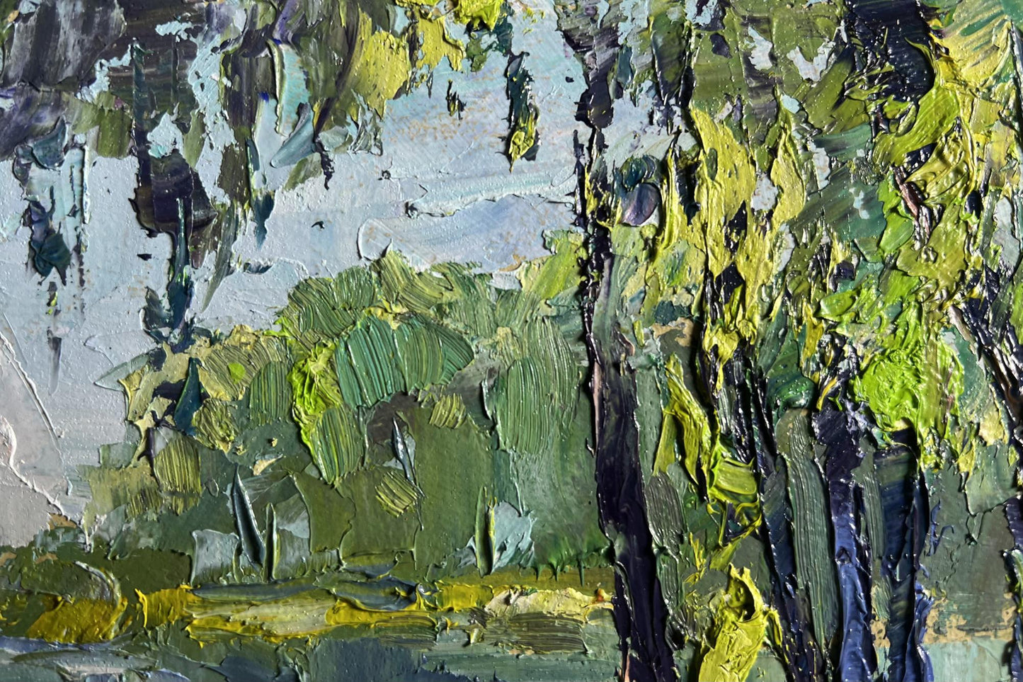 Oil painting A secluded place in nature by Boris Serdyuk, green yellow brushstrokes trees