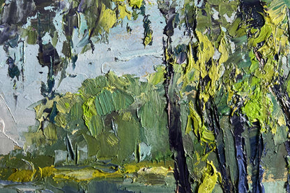 Oil painting A secluded place in nature by Boris Serdyuk, green yellow brushstrokes trees