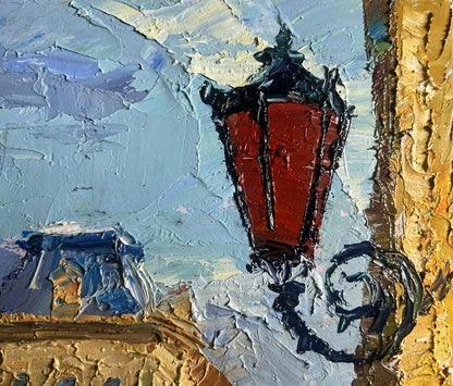Oil-painted red lantern by Boris Serdyuk in Summer day in the city