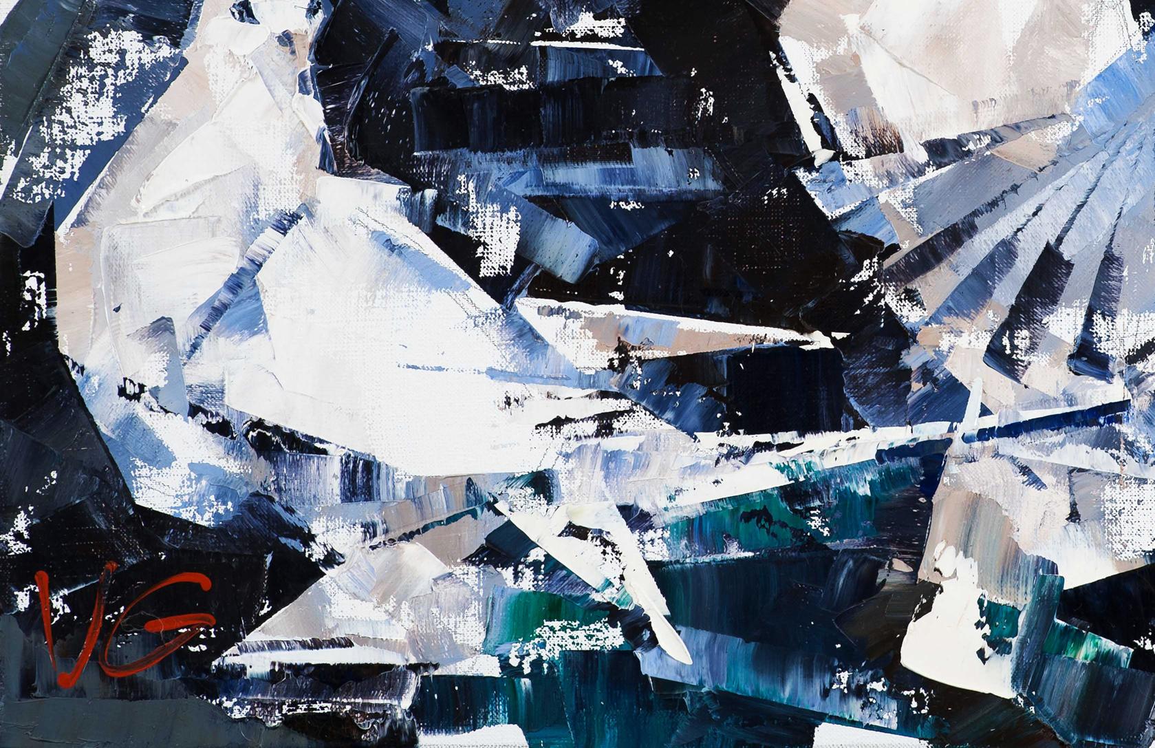 Abstract Oil painting Under the Wings by Volodymyr Gluhomanyuk in white black blue