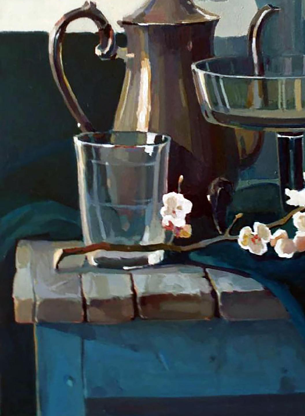 Oil painting still life with flowering branch by Anastasia Yaroshevich in etched glass tumbler on stone