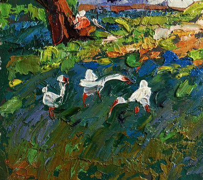Vibrant impressionist oil painting of geese on lily pads by Oleksiy Ivanyuk