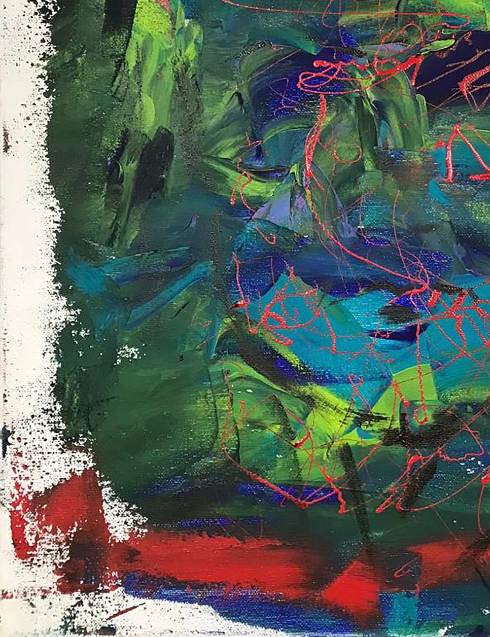 Acrylic painting Face Olga Melezhik with bold green, blue, red, black strokes