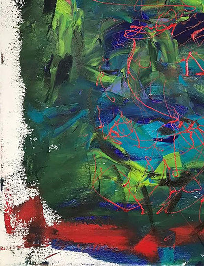 Acrylic painting Face Olga Melezhik with bold green, blue, red, black strokes