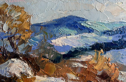 Impasto oil painting of winter mountains by Boris Serdyuk