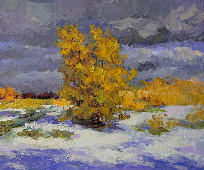 Oil painting Unexpected snow by Boris Serdyuk: vibrant yellow tree in snowy landscape