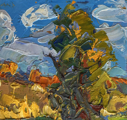 Oil painting Early autumn fishing by Oksana Ivanyuk, stylized green gold tree