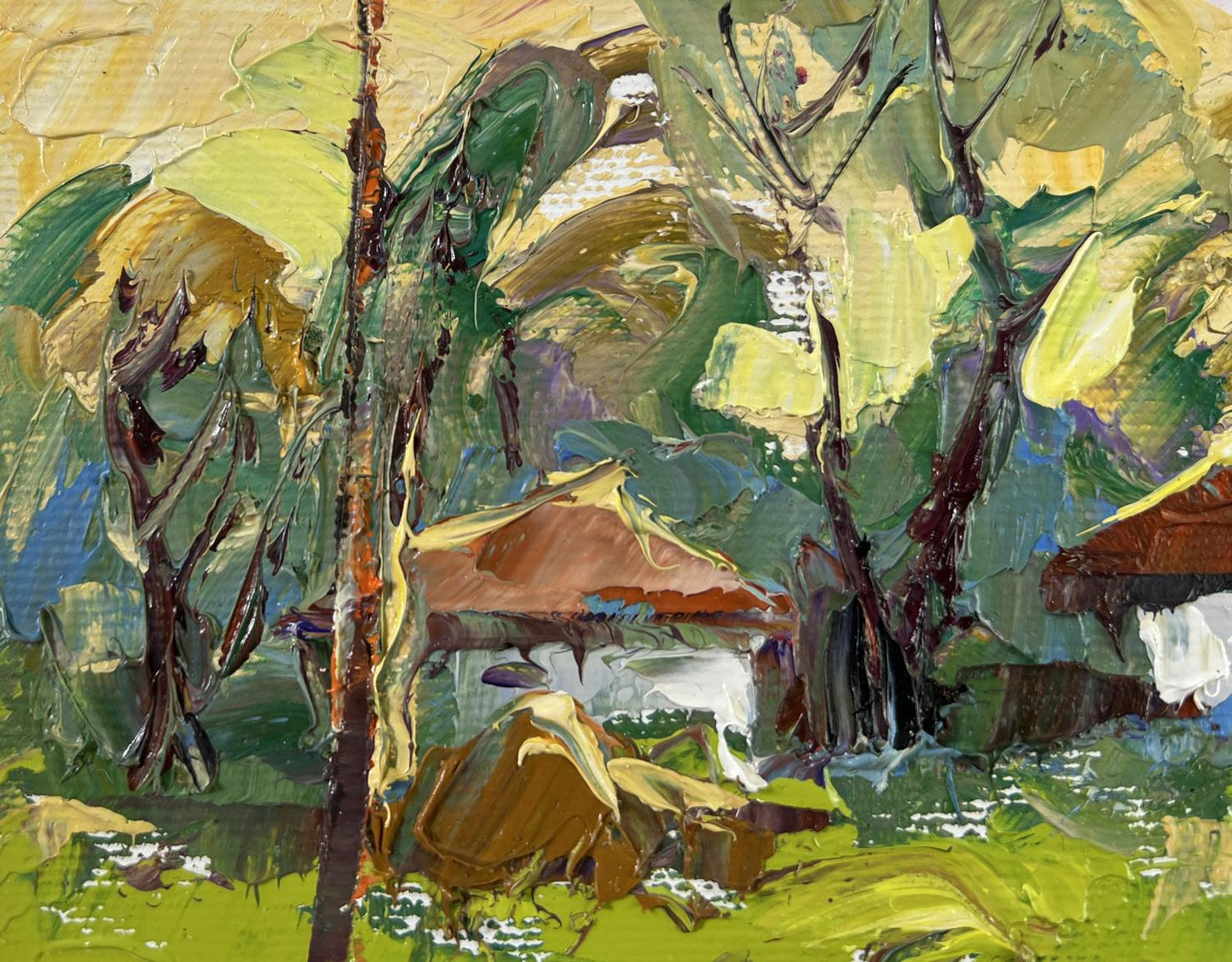 Vibrant Whispers of the Morning oil painting by Oleksiy Ivanyuk: rustic cabin in lush trees