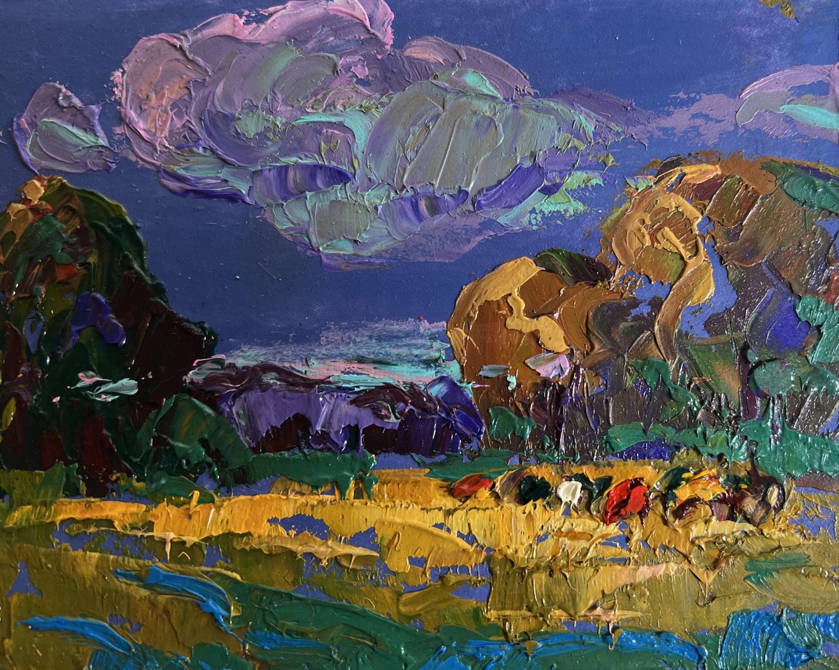 Oil painting Evening rays of the sun by Oksana Ivanyuk with purple clouds over golden fields