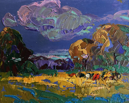 Oil painting Evening rays of the sun by Oksana Ivanyuk with purple clouds over golden fields