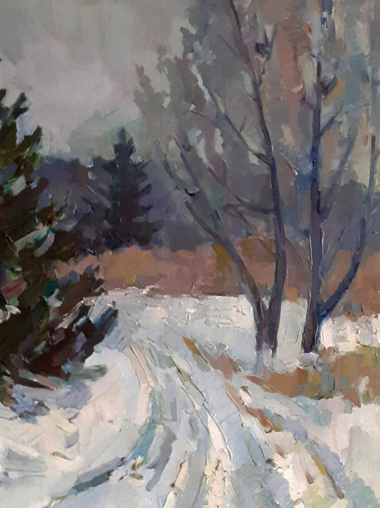 Textured impressionist snowy landscape oil painting by Peter Dobrev