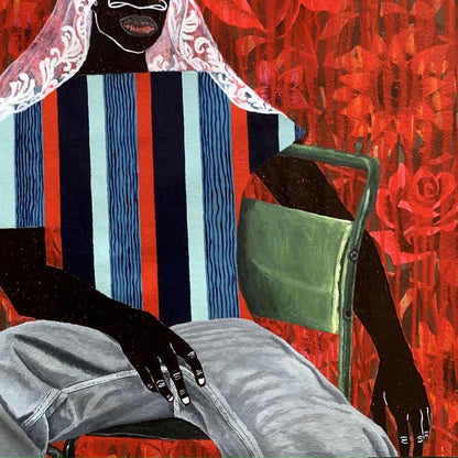 Green metal chair with cushioned seat in Silence Among the Roses painting