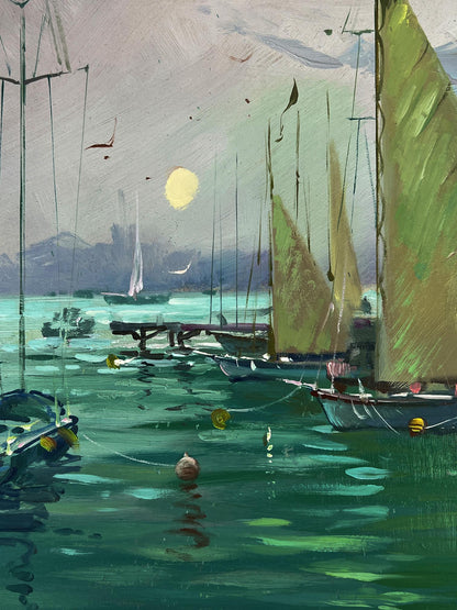 Serene oil painting of sailboats at pier by Yuriy Suprunchuk