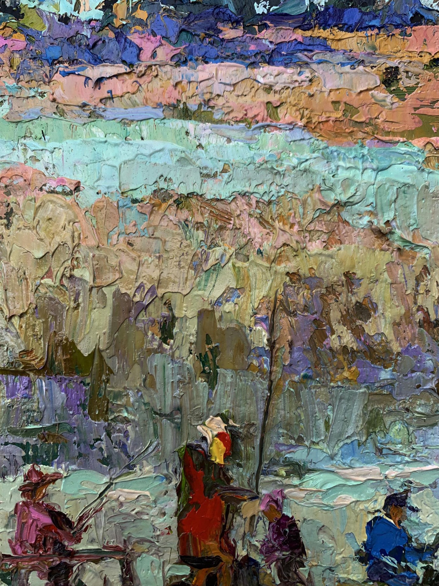 Impressionistic oil painting of fishing with friends by Oksana Ivanyuk