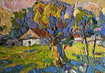 Vibrant impressionist oil painting by Oksana Ivanyuk: geese behind trees