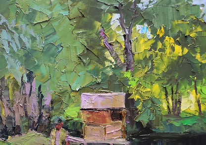 Rustic wooden beehive with pinkish roof in lush foliage, Boris Serdyuk oil painting