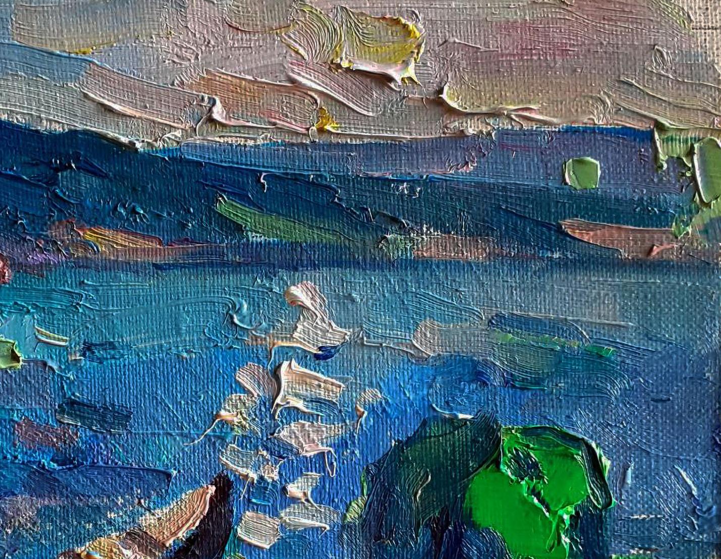 Textured impressionist seascape oil painting of lonely boat by Pavel Dobrev