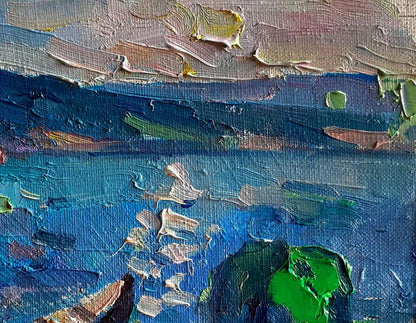 Textured impressionist seascape oil painting of lonely boat by Pavel Dobrev