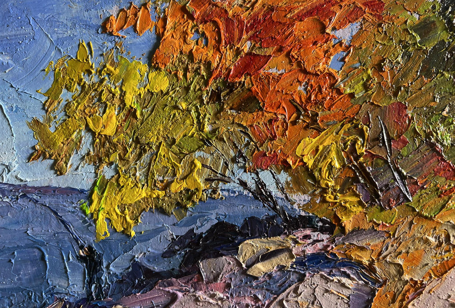 Oil painting Autumn fishing by Boris Serdyuk with textured yellows oranges blue sky