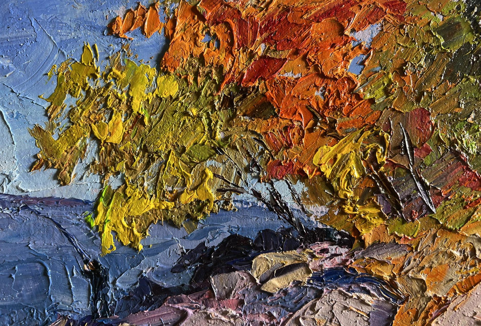 Oil painting Autumn fishing by Boris Serdyuk with textured yellows oranges blue sky