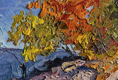 Oil painting Autumn fishing by Boris Serdyuk with textured yellows oranges blue sky