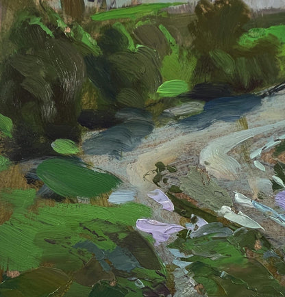 Textured impasto painting of stream in lush foliage by Yuriy Suprunchuk