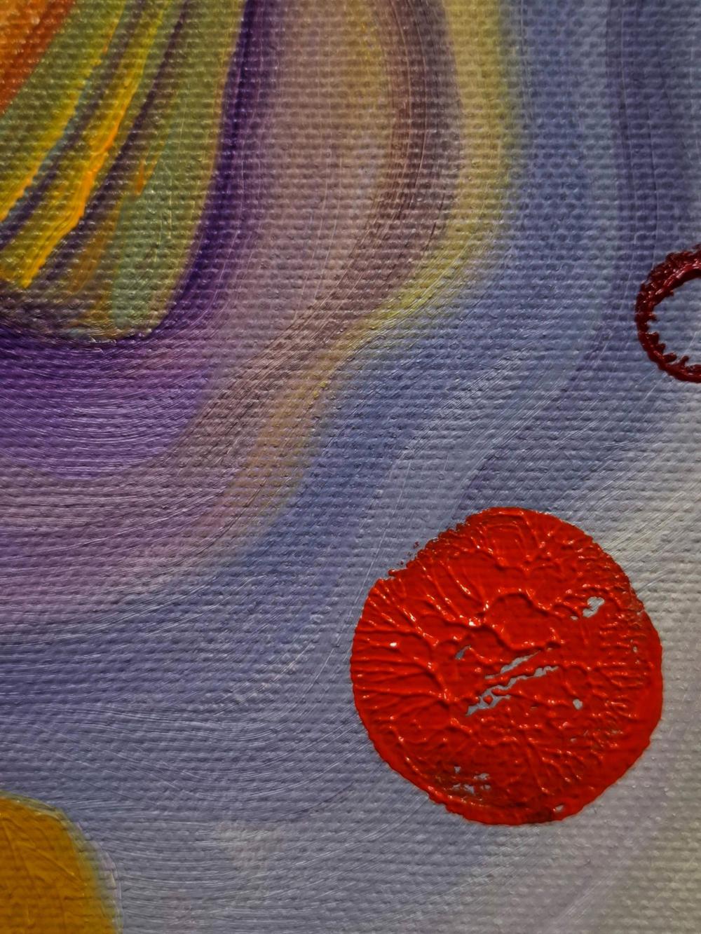 Vibrant red textured circular oil painting by Sergiy Voichenko with purple blue hues