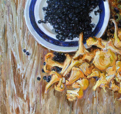 Oil painting by Leonid Pavlenko: white bowl with blue rim, blackberries
