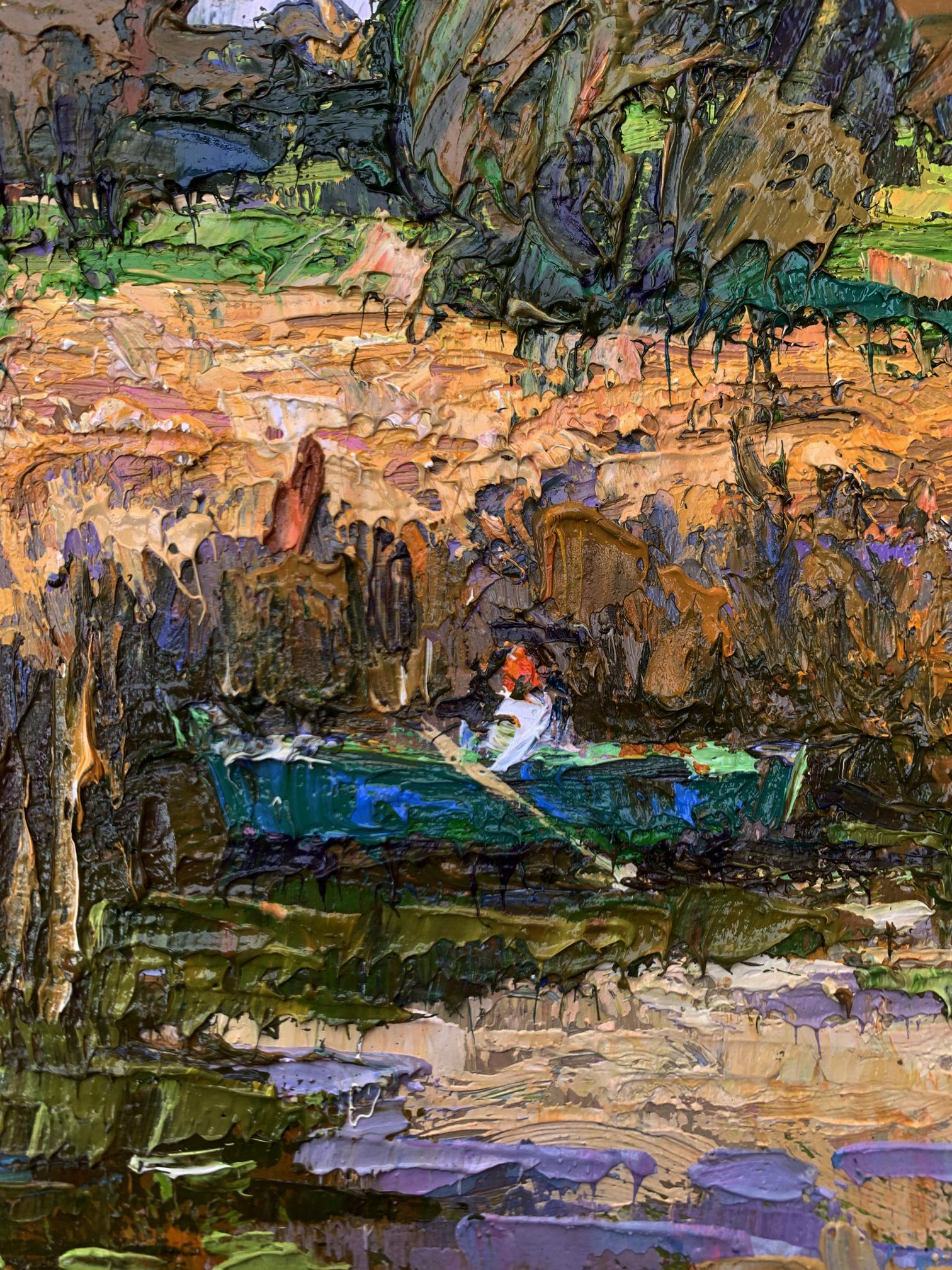 Oil painting Among the Reeds by Oksana Ivanyuk: green boat in reeds