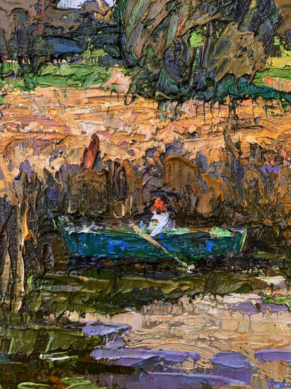 Oil painting Among the Reeds by Oksana Ivanyuk: green boat in reeds