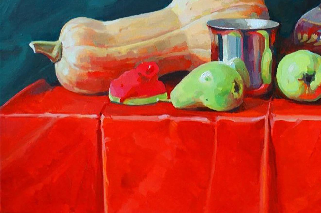 Oil painting of pale orange butternut squash on red tablecloth by Anastasia Yaroshevich