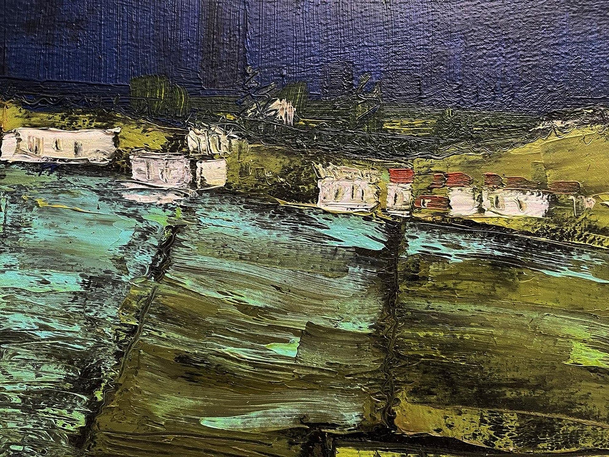 Textured oil painting of Serhiy Kovalev village by water under dark sky