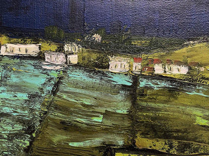 Textured oil painting of Serhiy Kovalev village by water under dark sky