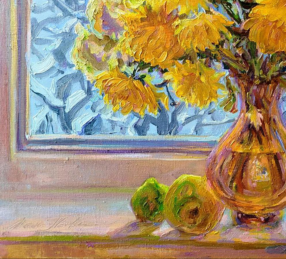 Oil painting of yellow chrysanthemums by Leonid Pavlenko in amber glass vase