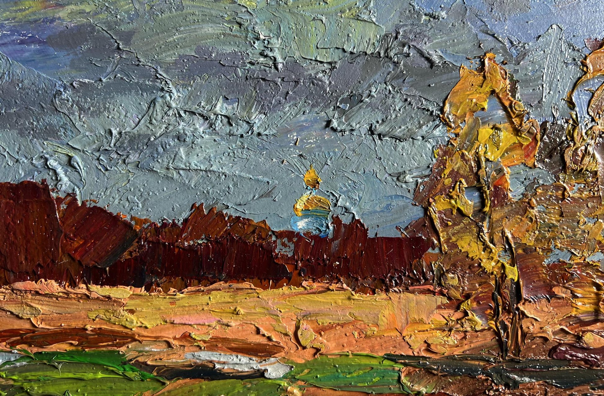 Oil painting Its a nasty day by Boris Serdyuk: golden-domed building in hills
