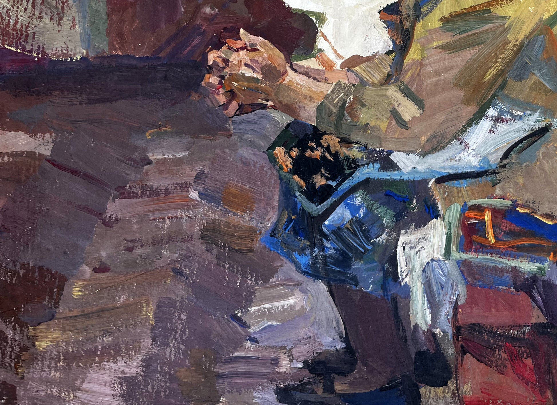 Textured oil painting portrait of grandmother in browns and blues