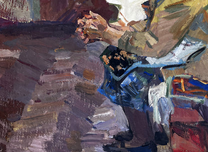 Textured oil painting portrait of grandmother in browns and blues